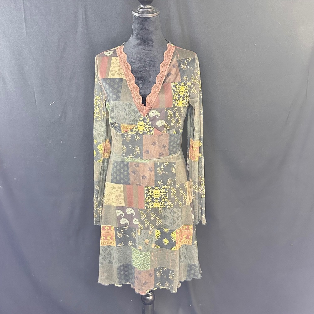 Romwe L Patchwork Mesh Dress Brown Green Boho Whimsigoth Lace V-Neck Fairycore